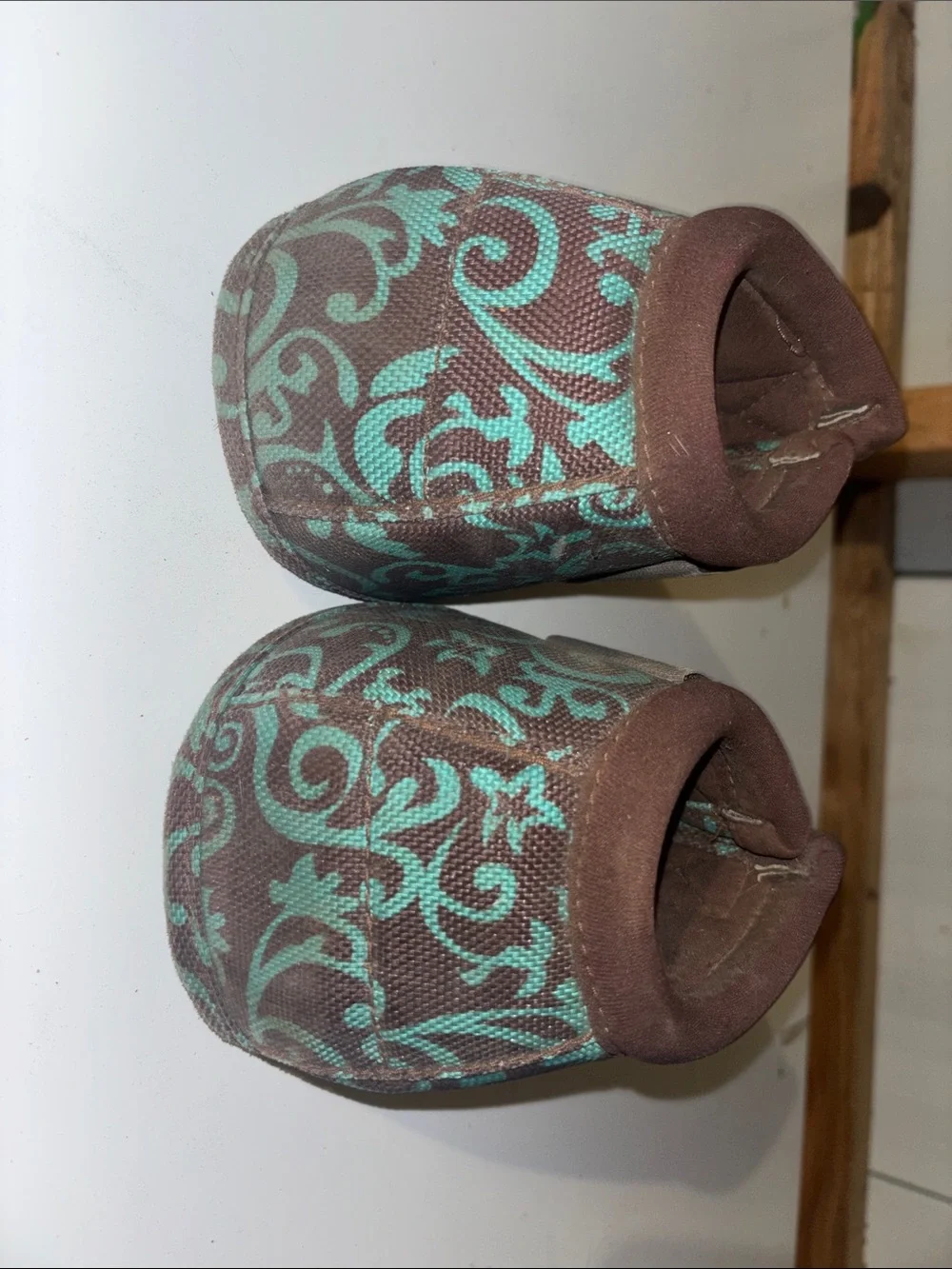 Brown and Teal Patterned Professionals Choice Horse Bell Boots.